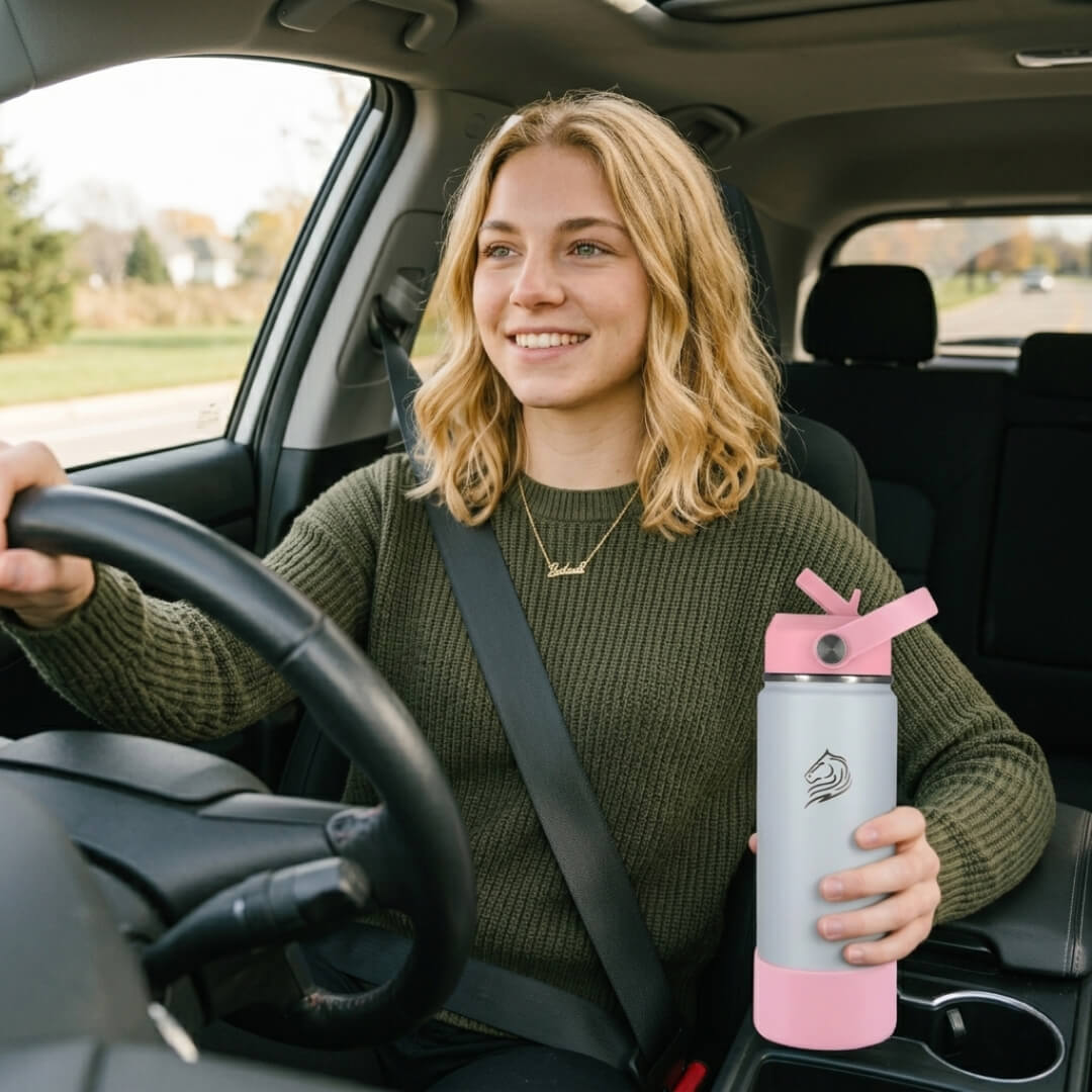Woman sitting in a car holding a pink and light blue water bottle. Coolnmore Lush θερμός νερου και καφε 500ml χωραει στην ποτηροθηκη