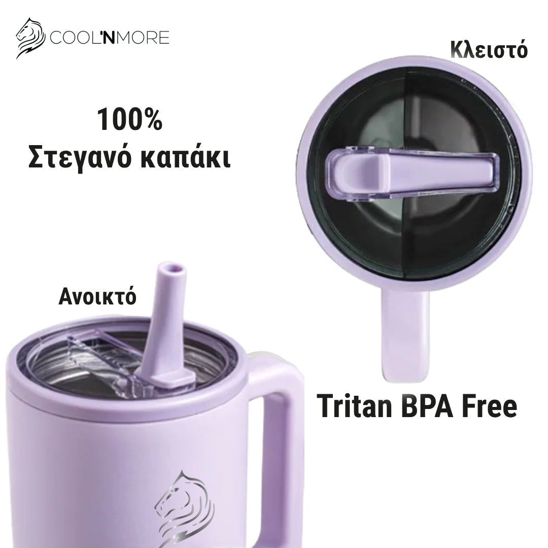 Coolnmore θερμος ποτηρι με χερουλι και στεγανο καπακι απο Tritan διαφανο υλικο, αναδιπλουμενο καλαμακι 100% leak proof, χρωμα Iris Purple