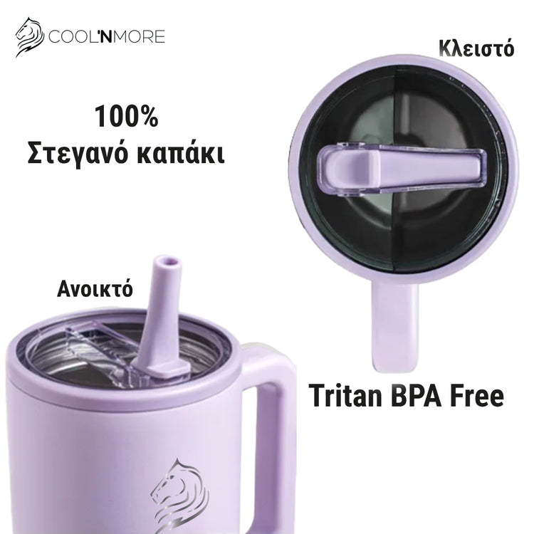 Coolnmore θερμος ποτηρι με χερουλι και στεγανο καπακι απο Tritan διαφανο υλικο, αναδιπλουμενο καλαμακι 100% leak proof, χρωμα Iris Purple