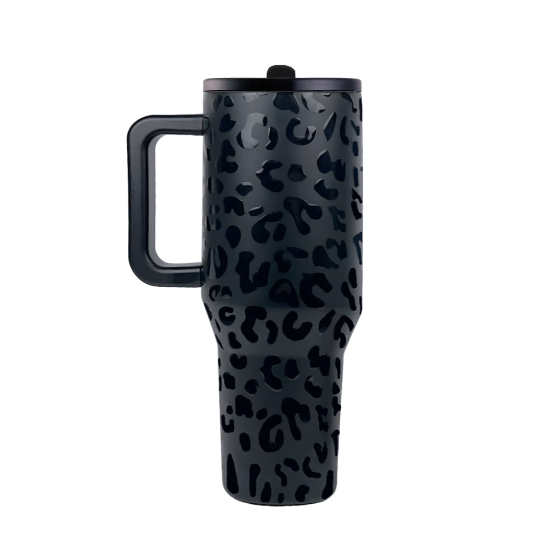 Coolnmore θερμος ποτηρι με χερουλι και 100% στεγανο καπακι και αναδιπλουμενο καλαμακι, χρωμα leopard glamour-black 1lt