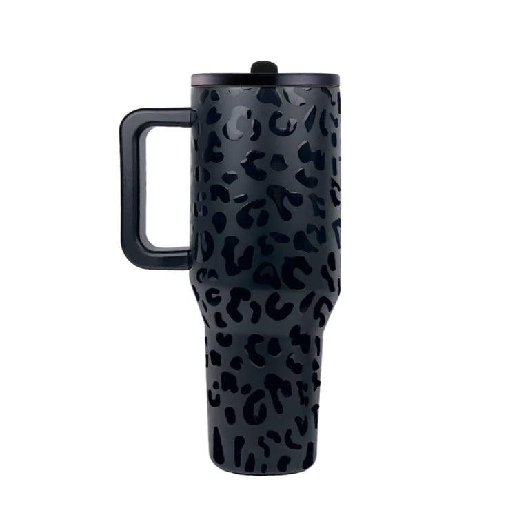 Coolnmore θερμος ποτηρι με χερουλι και 100% στεγανο καπακι και αναδιπλουμενο καλαμακι, χρωμα leopard glamour-black 1lt