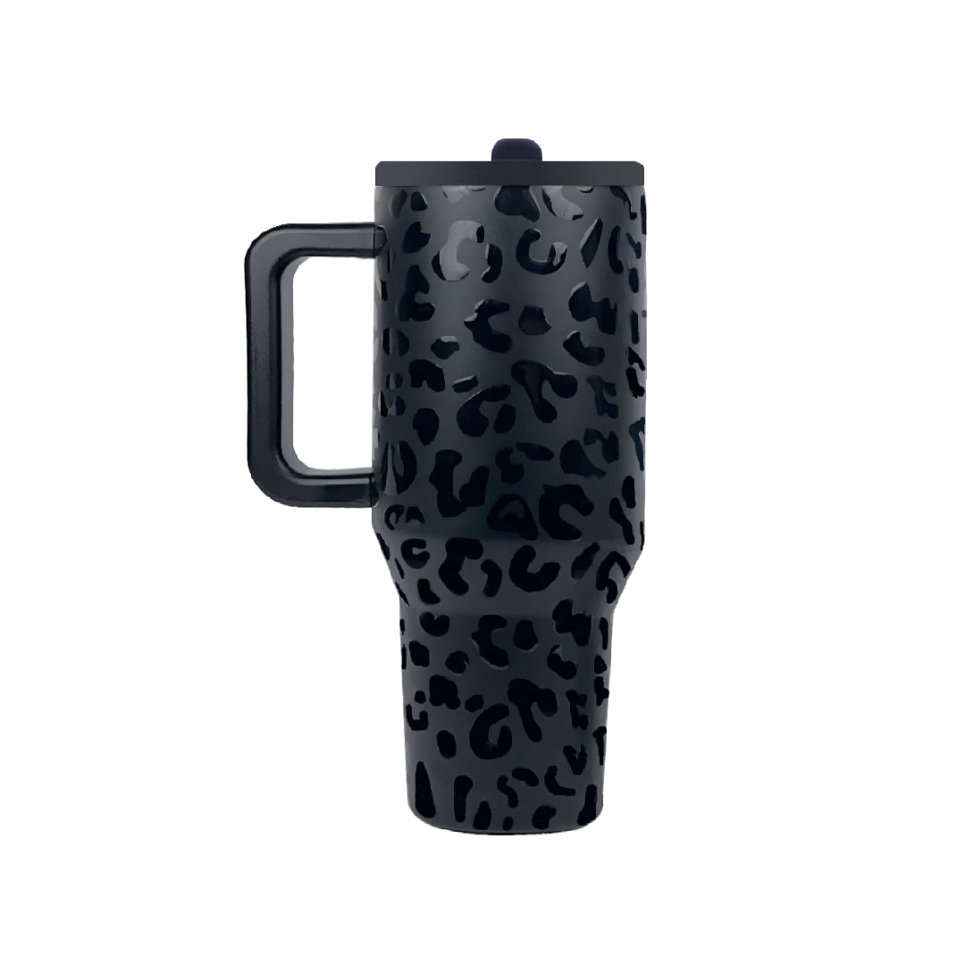 Coolnmore θερμος ποτηρι με χερουλι και 100% στεγανο tritan BPA FREE καπακι και αναδιπλουμενο καλαμακι, χρωμα leopard glamour-black 600ml, 1lt
