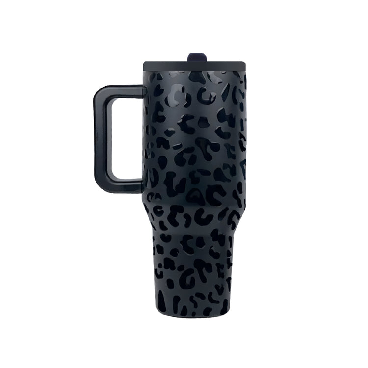 Coolnmore θερμος ποτηρι με χερουλι και 100% στεγανο tritan BPA FREE καπακι και αναδιπλουμενο καλαμακι, χρωμα leopard glamour-black 600ml, 1lt