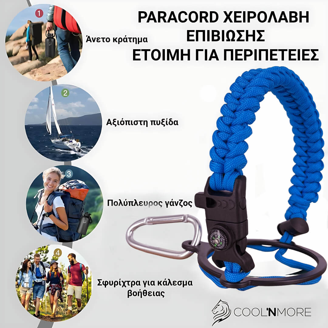 Coolnmore Royal Blue παιδικο παγουρι θερμος 350ml. Blue paracord lanyard with carabiner on a white background with promotional text.