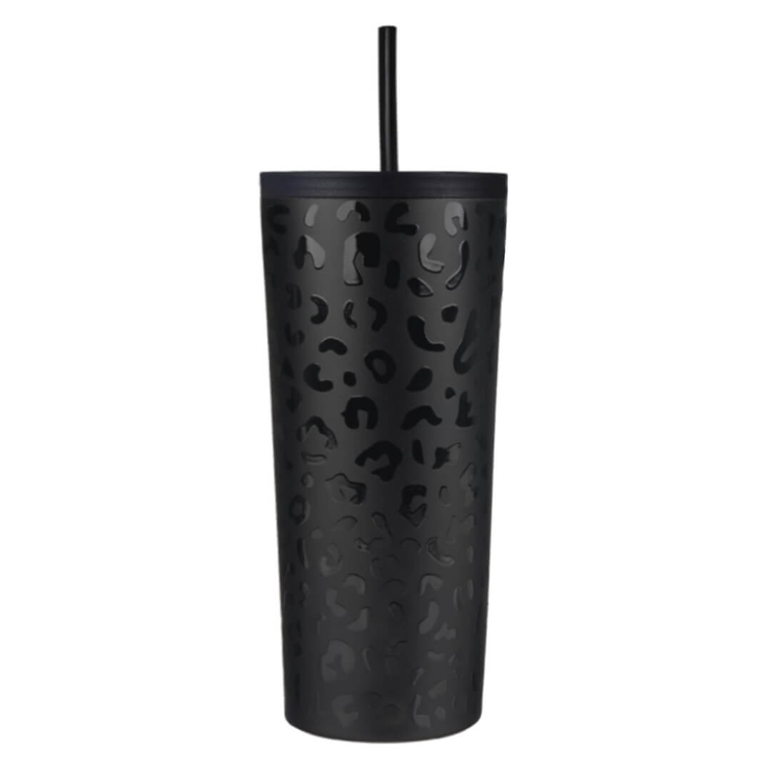 Coolnmore Black leopard tumbler ποτηρι θερμος καφε με καλαμακι ανοξειδωτο