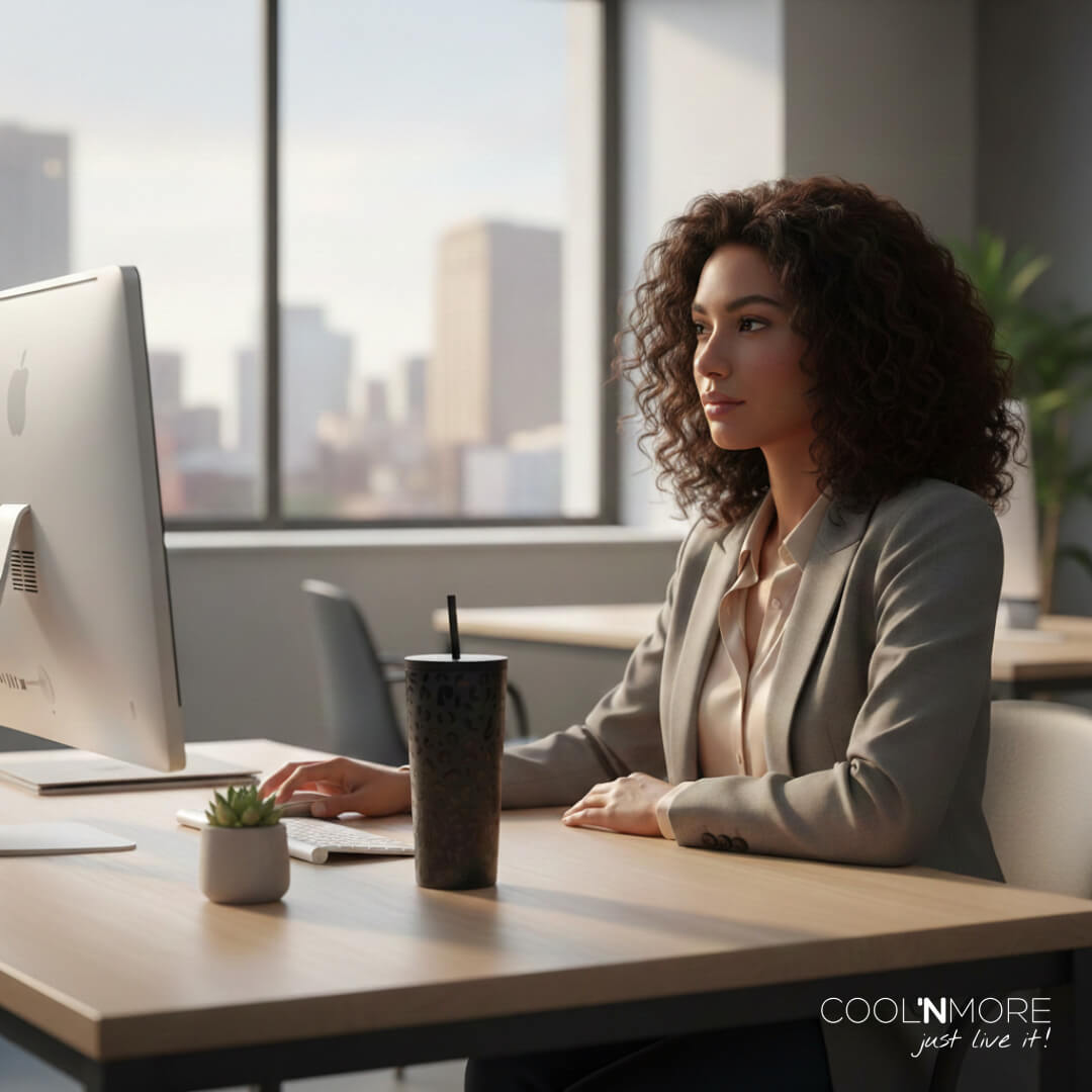 γυναικα δουλευει στο γραφειο της πινοντας καφε με ποτηρι θερμος leopard της coolnmore