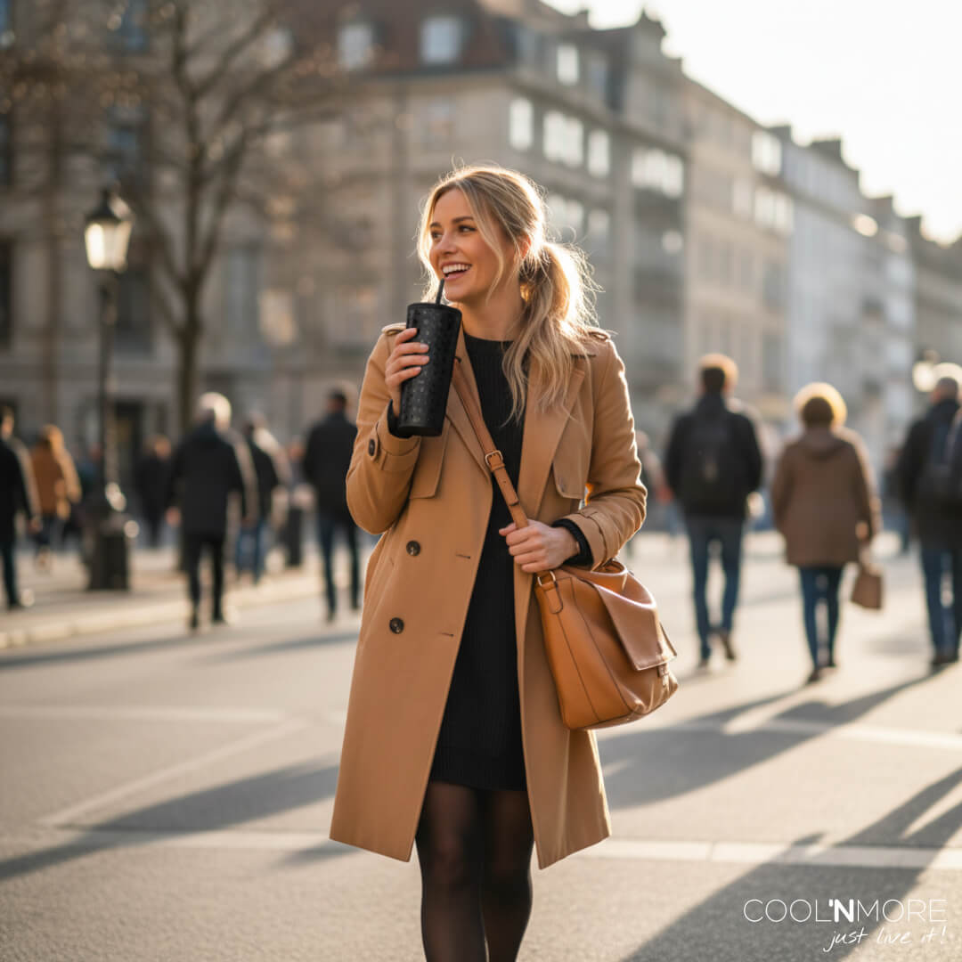 γυναικα με style περπατώντας κραταει ποτηρι θερμος Coolnmore black leopard