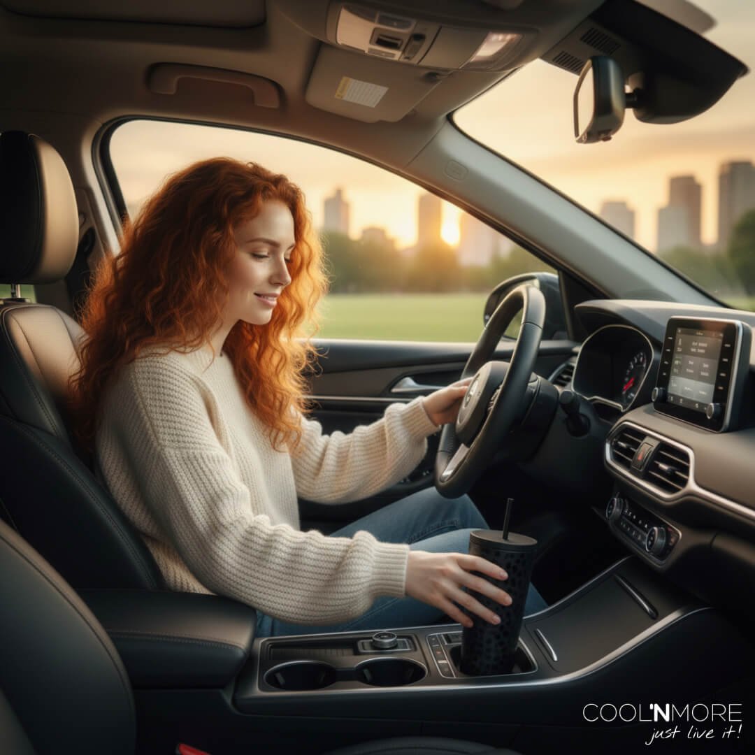 γυναικα καθεται στο αυτοκινητο της και κραταει θερμος καφε black leopard της coolnmore