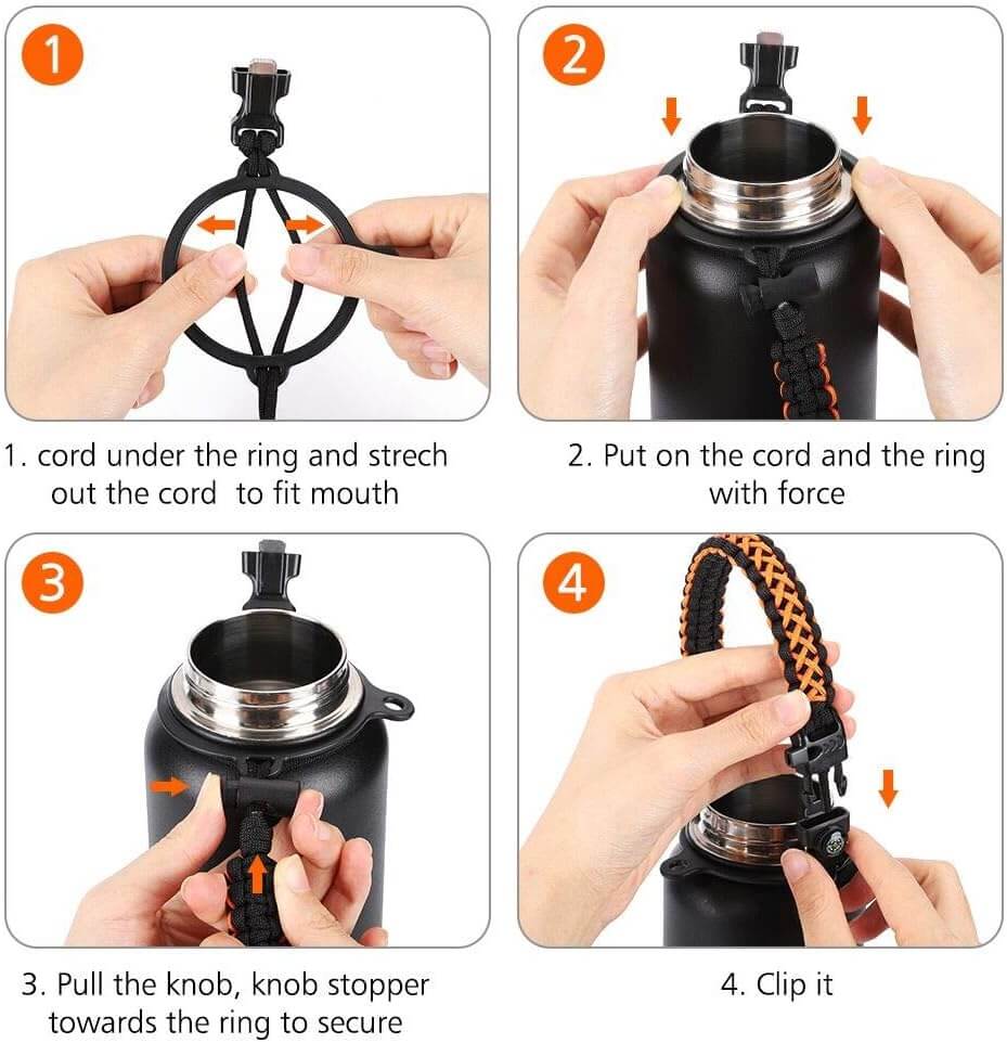 Step-by-step instructions on how to use a paracord handle on Coolnmore thermos bottle 1200ml with a strap and ring.
