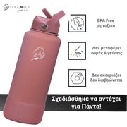 coolnmore smoke pink μπουκαλι θερμος νερου ανοξειδωτο χωρις BPA και τοξικα υλικα, δεν μεταφερει οσμες και γευσεις, δεν διαβρωνεται και δεν σκουριαζει, 1000ml ματ