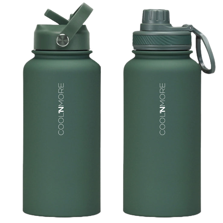 coolnmore Moss Green μπουκαλι θερμος νερου ανοξειδωτο με καπακι καλαμακι και sports καπακι 100% στεγανά, 650ml πράσινο ματ
