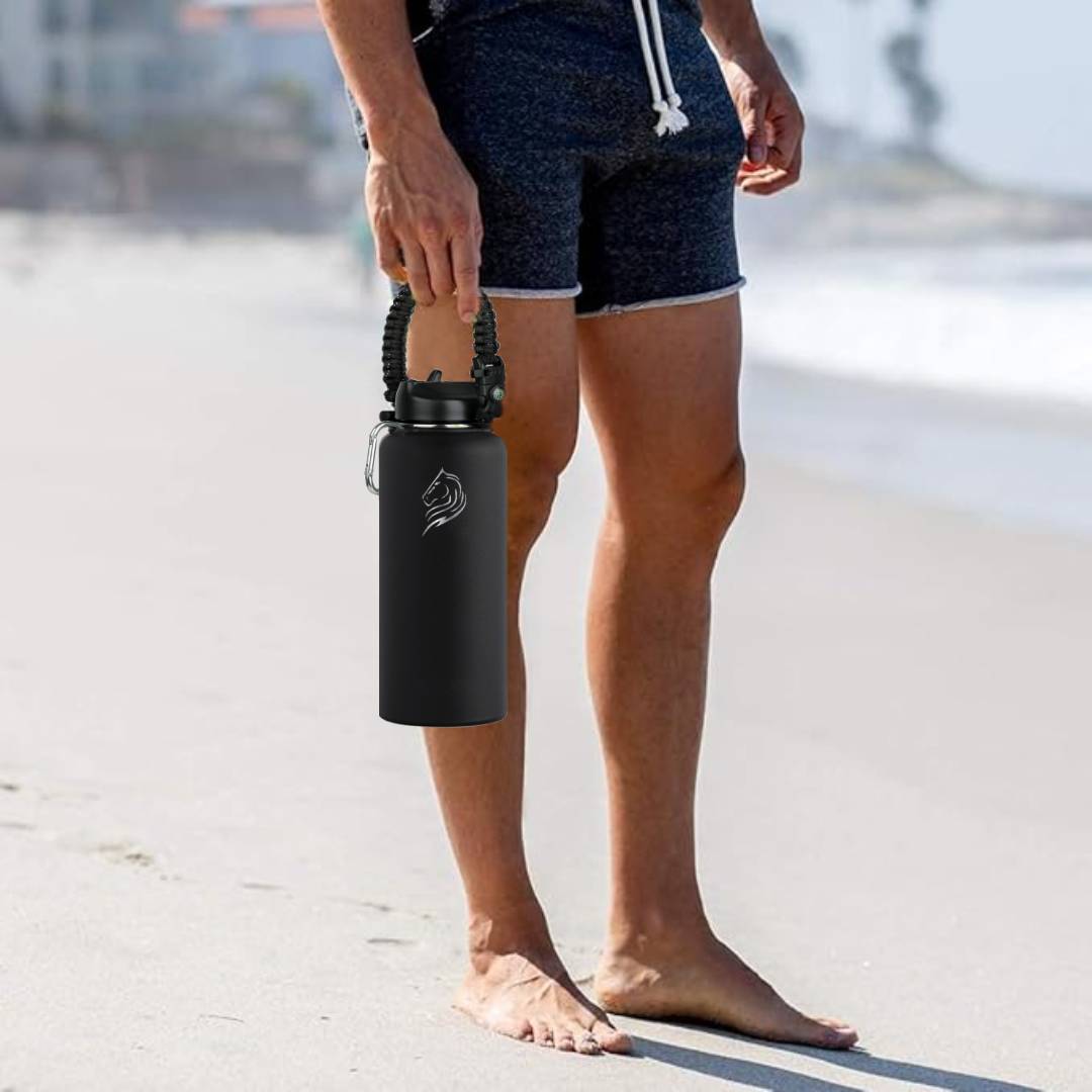 coolnmore jet black θερμος νερου 1LT ανοξειδωτο με paracord λαβη επιβιωσης, με πυξιδα και σφυριχτρα βοηθειας