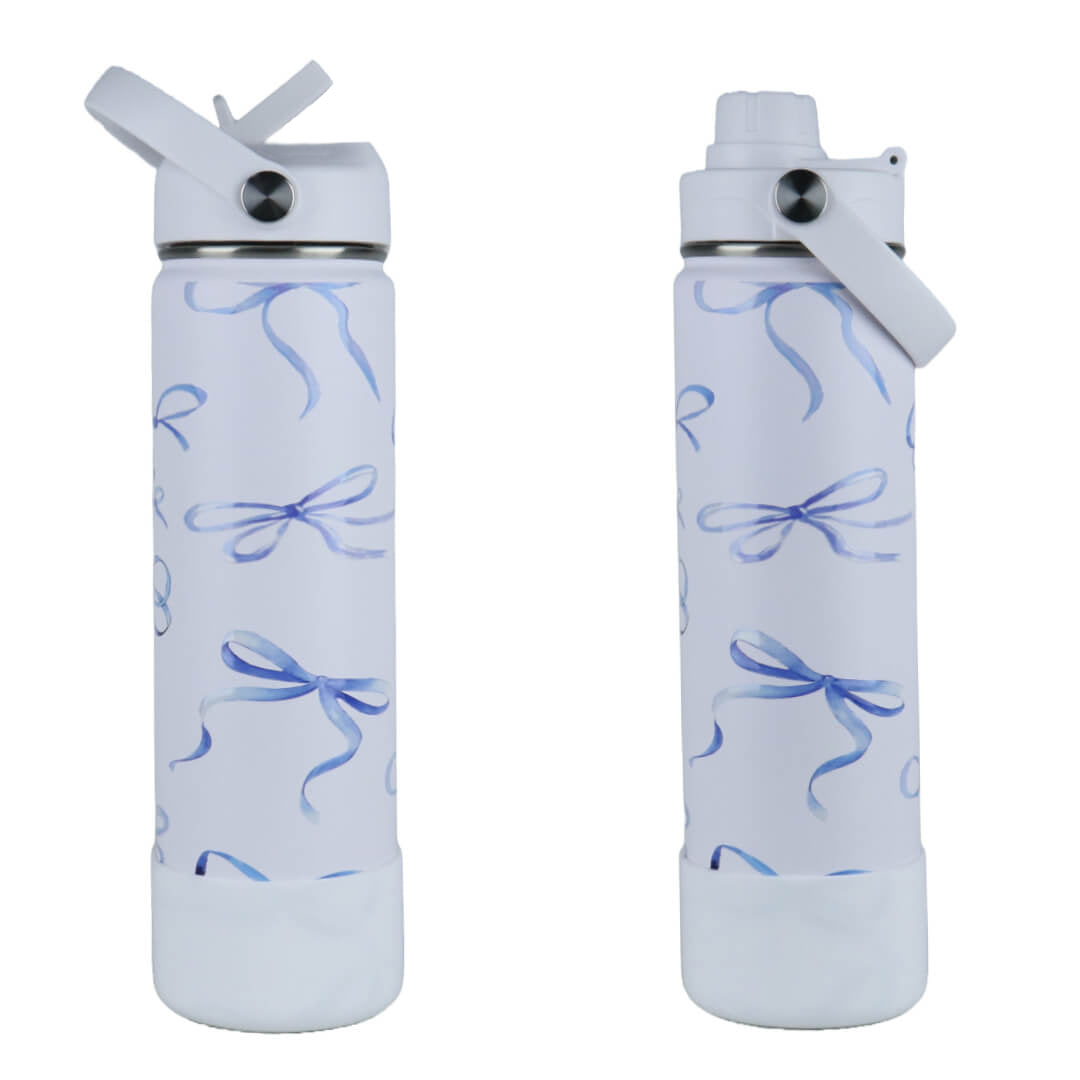 coolnmore bow θερμος 750ml με μπλε φιογκους, 2 καπακια βαση σιλικονης αντιολισθητικη, που προστατευει και μειωνει τον θορυβο