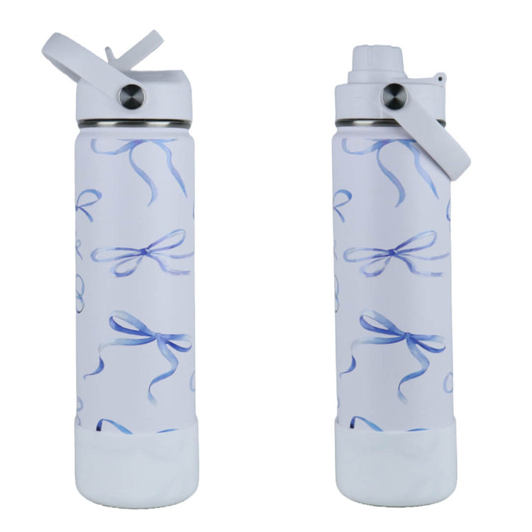 coolnmore bow θερμος 750ml με μπλε φιογκους, 2 καπακια βαση σιλικονης αντιολισθητικη, που προστατευει και μειωνει τον θορυβο