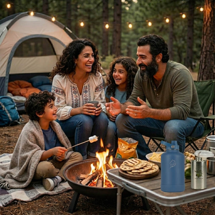 Family camping in a forest, around a campfire with their water bottle on the table. Coolnmore Denim μπουκαλι θερμος 1.5lt 