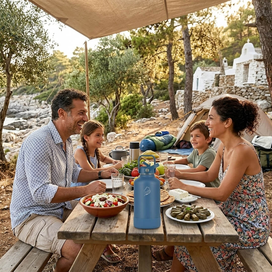 Family enjoying a meal outdoors at a wooden table with a scenic background. Coolnmore θερμος νερου 2 λιτρα στο τραπεζι