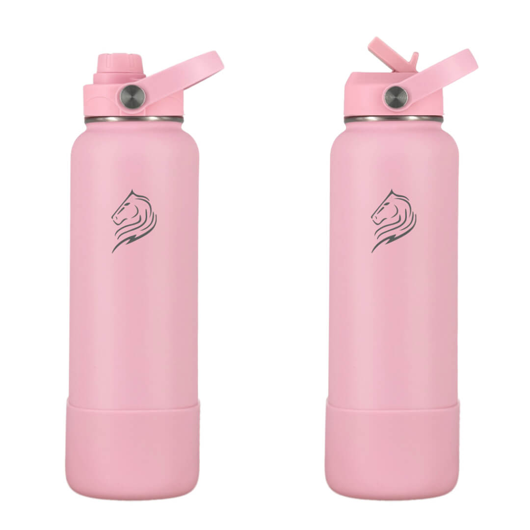 Coοlnmore Flamingo θερμος νερου 1 λιτρου.  Two pink water bottles with a straw lid and a sports lid on a white background