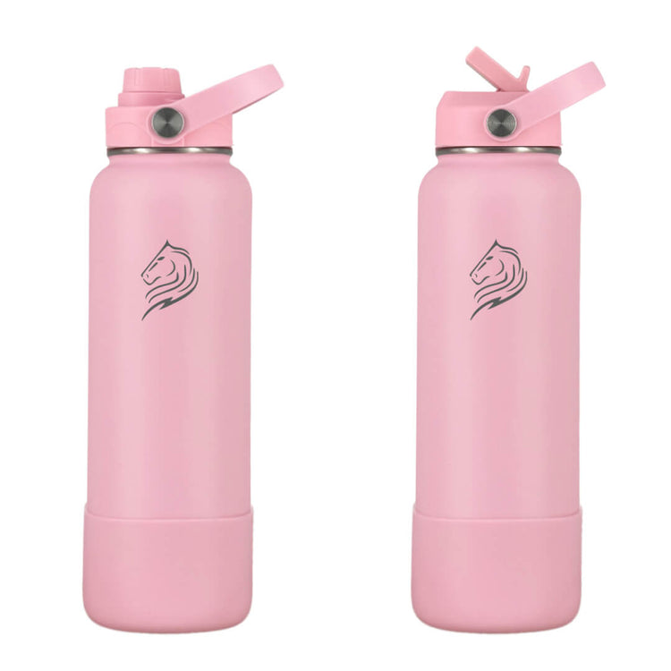 Coοlnmore Flamingo θερμος νερου 1 λιτρου.  Two pink water bottles with a straw lid and a sports lid on a white background