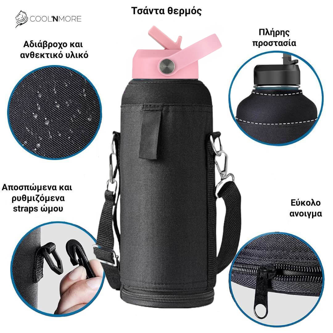 Coοlnmore Flamingo θερμος νερου 1 λιτρου. Black insulated bottle holder with pink top, features highlighted, Coolnmore brand visible