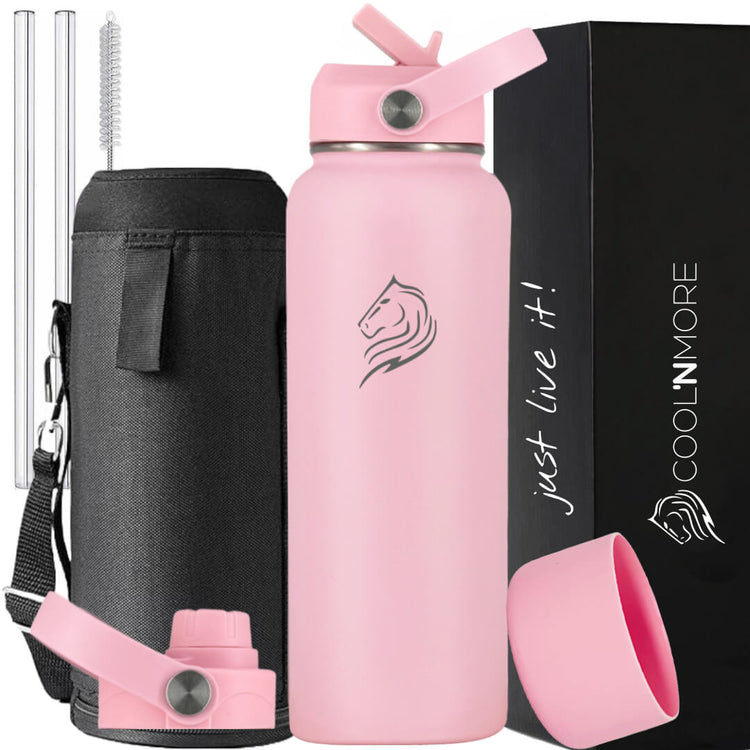 Coοlnmore θερμος νερου 1 λιτρου με 9 αξεσουαρ. Pink water bottle with black carrying case and straw, gift box 'Coolnmore' 