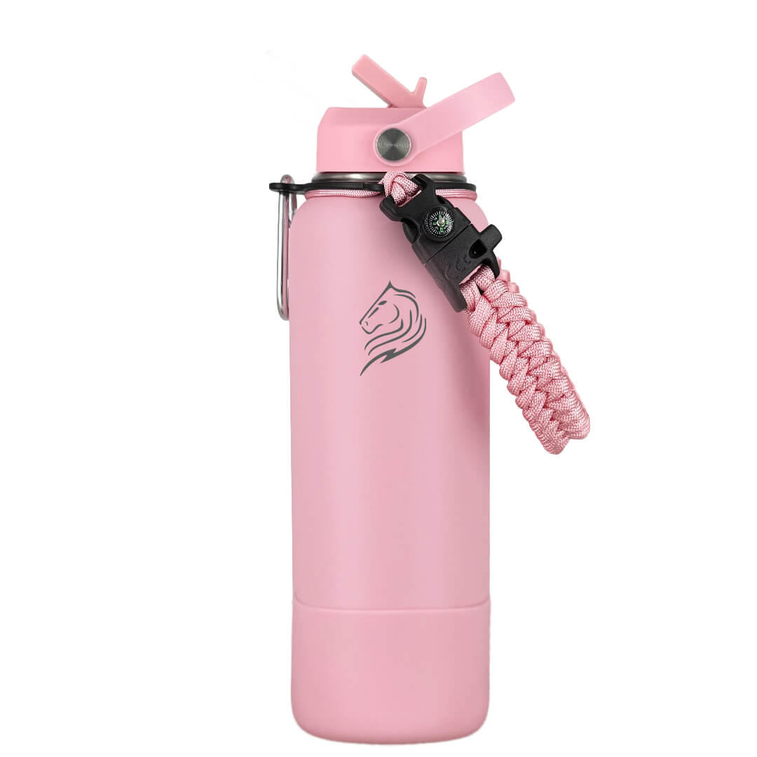 Coοlnmore Flamingo θερμος νερου 1 λιτρου. Pink water bottle with a paracord handle on a white background