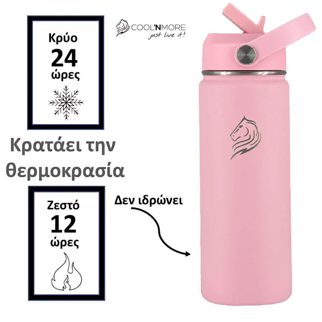 Coolnmore Flamingo παιδικο παγουρι θερμος 350ml και θερμός καφε. Pink insulated bottle with straw lid on a white background, featuring Coolnmore branding.