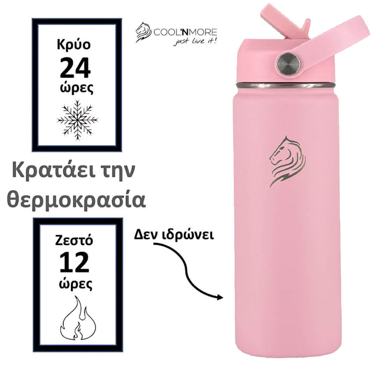 Coolnmore Flamingo παιδικο παγουρι θερμος 350ml και θερμός καφε. Pink insulated bottle with straw lid on a white background, featuring Coolnmore branding.