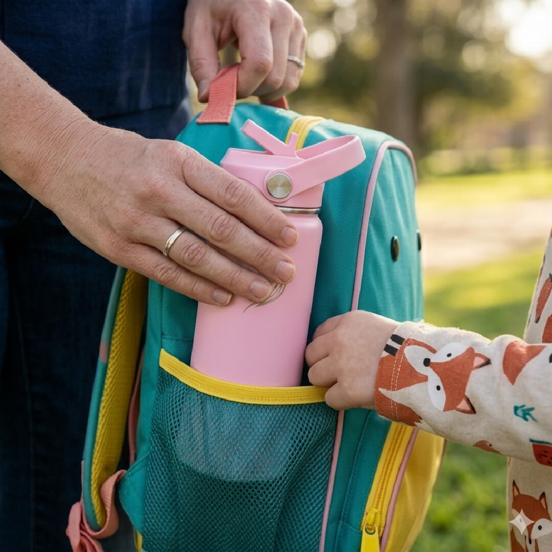Coolnmore Flamingo παιδικο παγουρι θερμος 350ml και θερμός καφε. Person holding a teal backpack with a pink water bottle, outdoors.