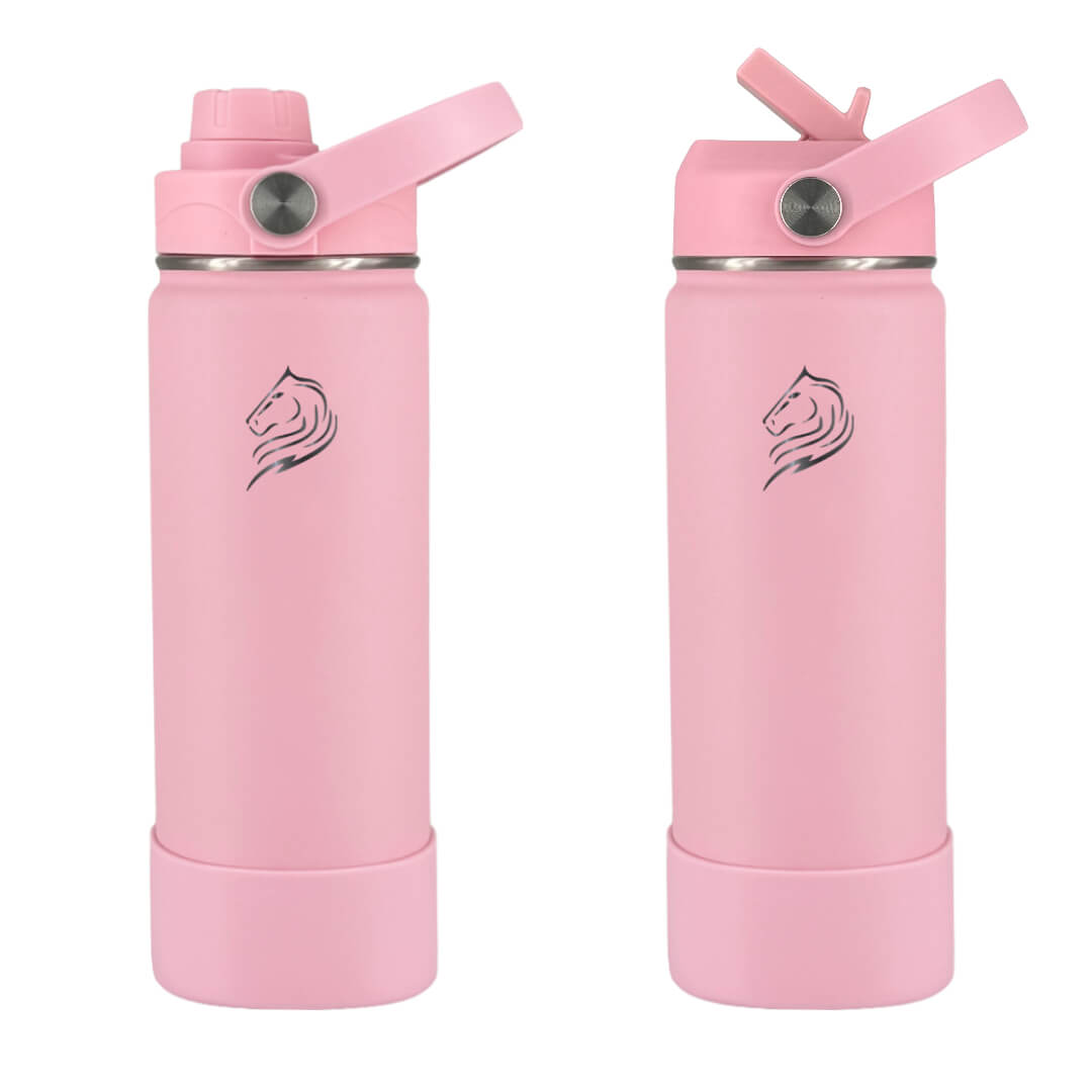 Coolnmore Flamingo παιδικο παγουρι θερμος 350ml και θερμός καφε. Two pink water bottles with a logo on a white background