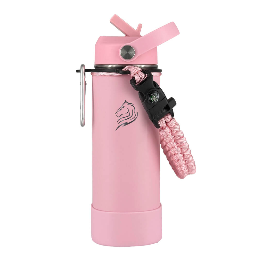 Coolnmore Flamingo παιδικο παγουρι θερμος 350ml και θερμός καφε. Pink water bottle with a carabiner and paracord on a white background