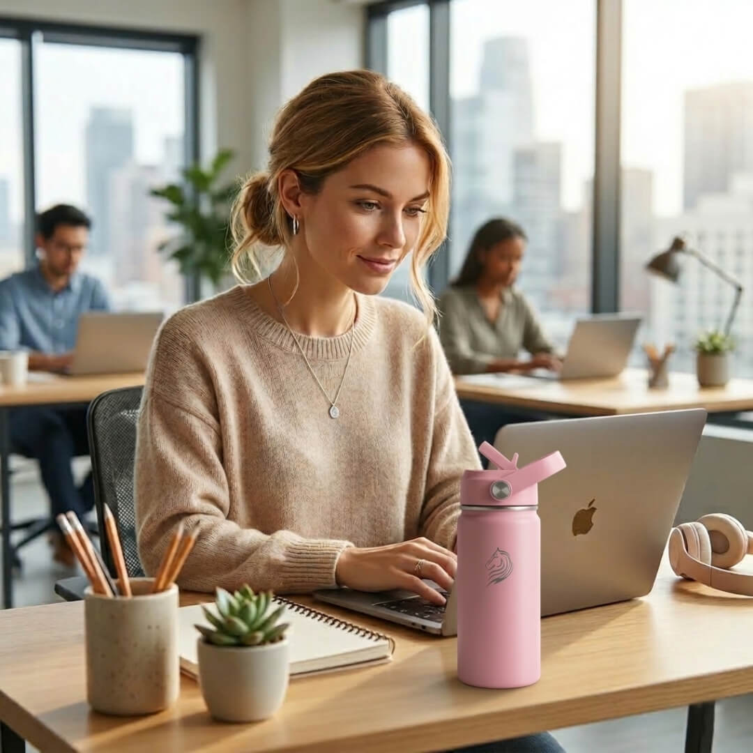 Coolnmore Flamingo παιδικο παγουρι θερμος 350ml και θερμός καφε. Woman working on a laptop with a pink water bottle at a desk in an office setting.