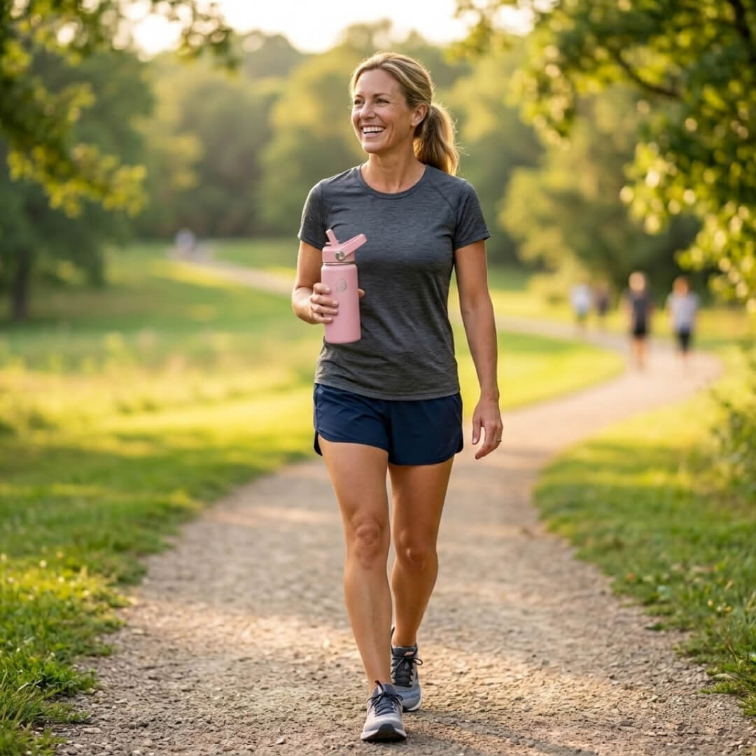 Coolnmore Flamingo παιδικο παγουρι θερμος 350ml και θερμός καφε. Woman walking on a path in a park holding a pink water bottle.