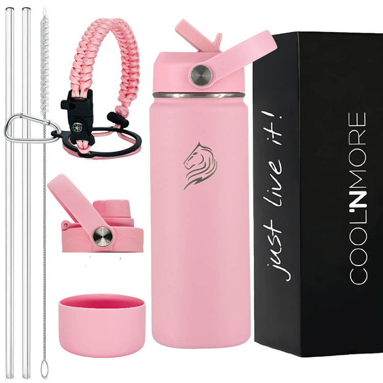 Coolnmore Flamingo παιδικο παγουρι θερμος 350ml και θερμός καφε. Pink water bottle set with accessories and 'Cool'n'More' packaging.