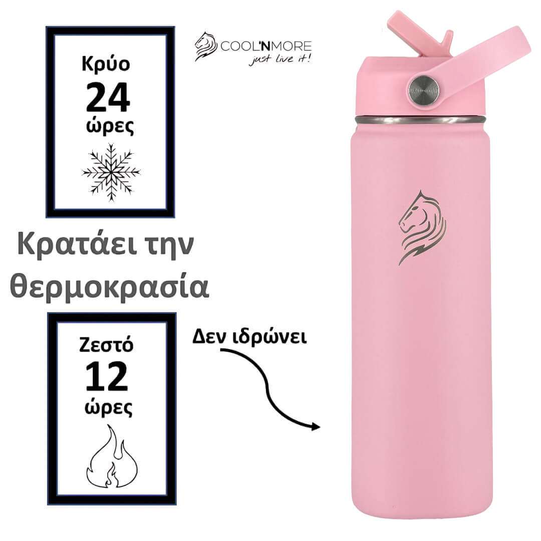 Coolnmore παγουρι θερμος νερου με καλαμακι. Pink insulated bottle with temperature display text and Coolnmore logo