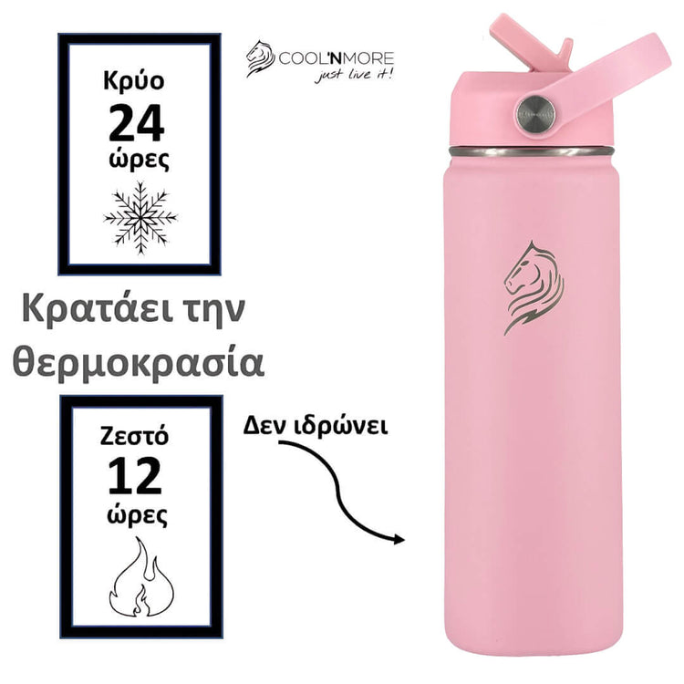 Coolnmore παγουρι θερμος νερου με καλαμακι. Pink insulated bottle with temperature display text and Coolnmore logo
