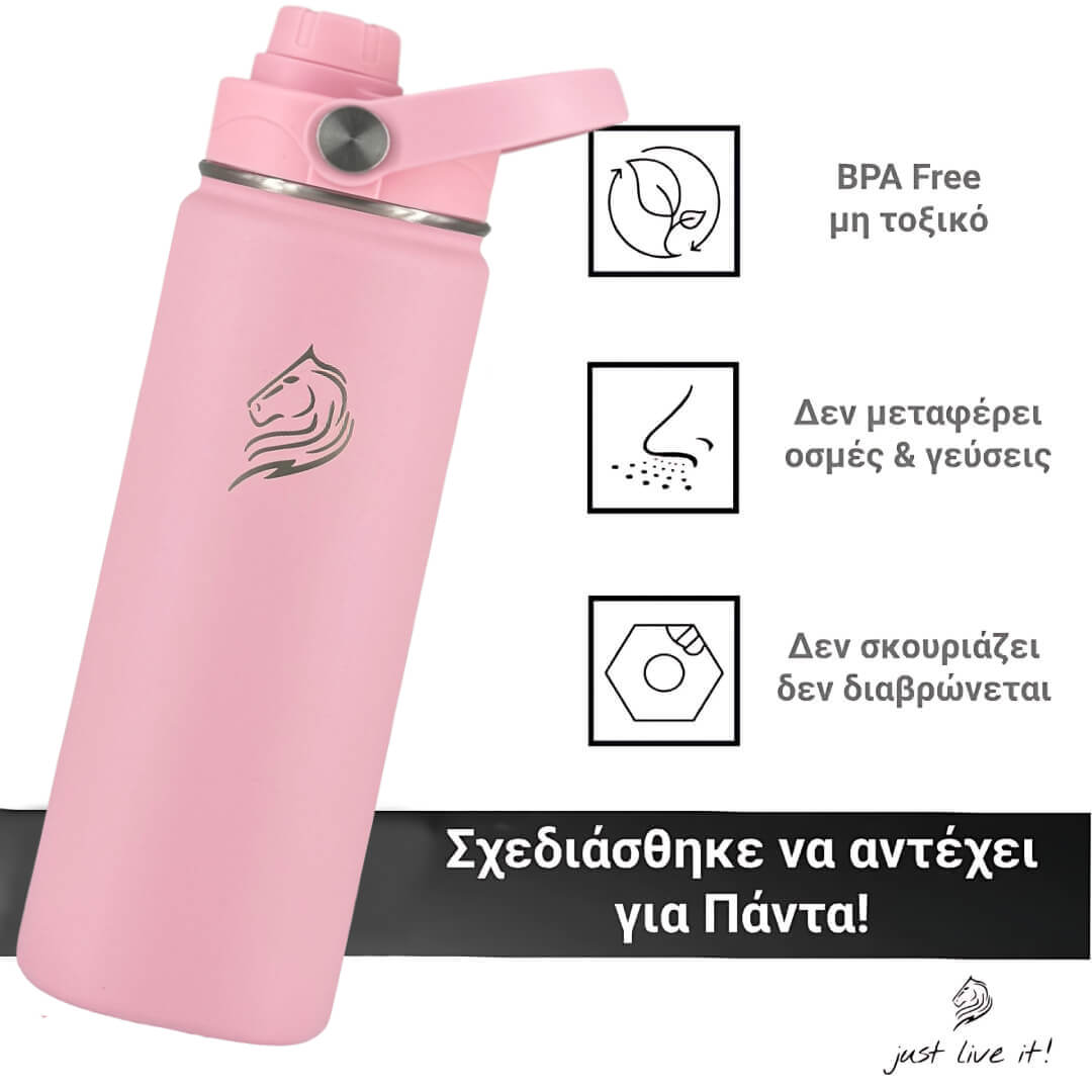 Coolnmore παγουρι θερμος νερου με καλαμακι. Pink water bottle with BPA-free and eco-friendly features on a white background