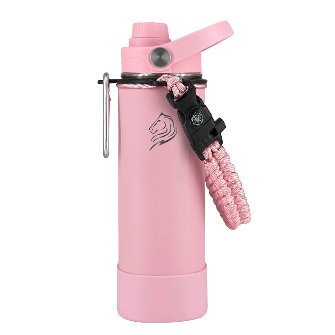 Coolnmore παγουρι θερμος νερου με καλαμακι. Pink water bottle with a carabiner and rope on a white background