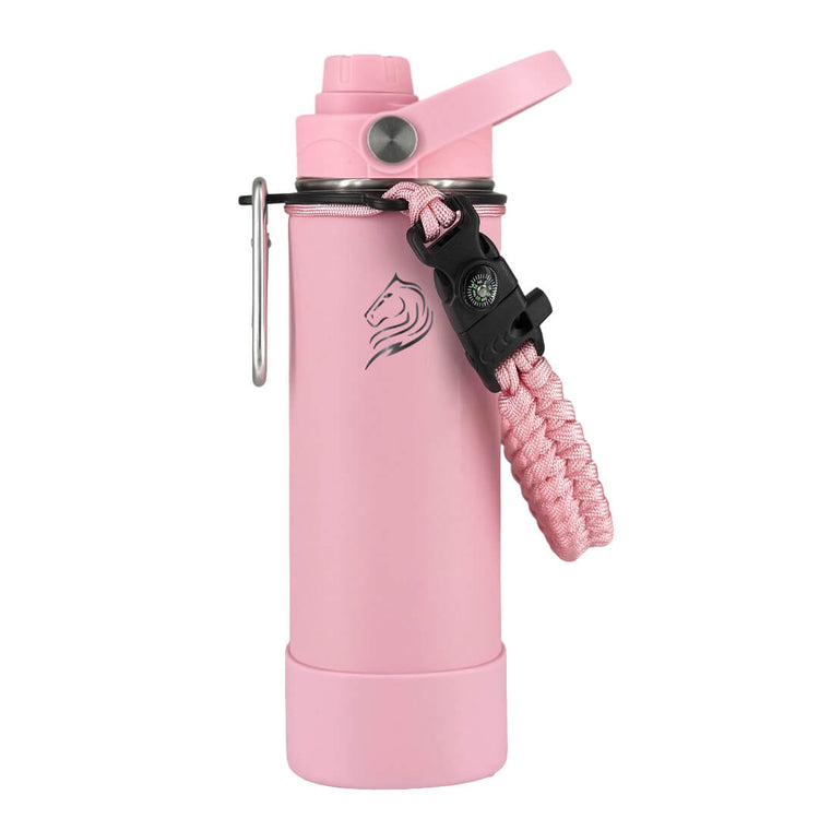 Coolnmore παγουρι θερμος νερου με καλαμακι. Pink water bottle with a carabiner and rope on a white background