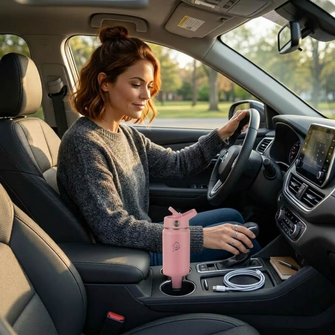 Coolnmore παγουρι θερμος νερου με καλαμακι. Woman driving a car with a pink water bottle in the cup holder.