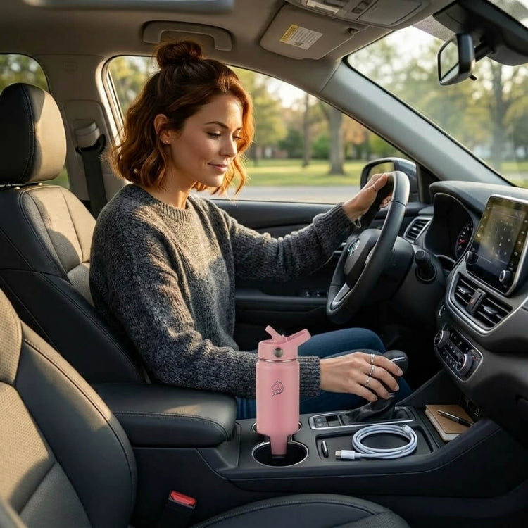 Coolnmore παγουρι θερμος νερου με καλαμακι. Woman driving a car with a pink water bottle in the cup holder.