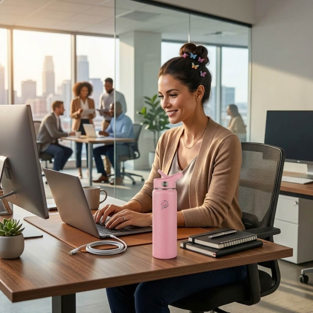 Coolnmore παγουρι θερμος νερου με καλαμακι. Woman sitting at a desk in an office with a pink water bottle on the table.