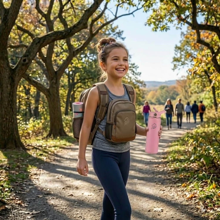 Coolnmore παγουρι θερμος νερου με καλαμακι. Girl with a backpack and pink water bottle walking on a trail in a forest
