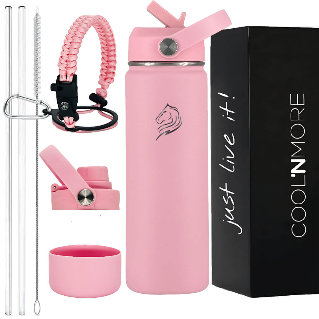 Pink water bottle set with accessories and 'Cool'n'More' packaging on a white background. Coolnmore παγουρι θερμος νερου με καλαμακι 