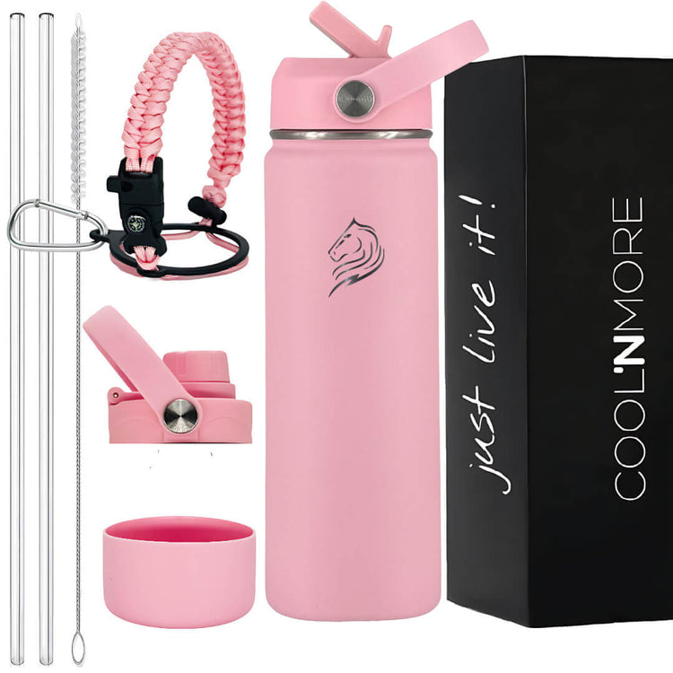 Pink water bottle set with accessories and 'Cool'n'More' packaging on a white background. Coolnmore παγουρι θερμος νερου με καλαμακι 