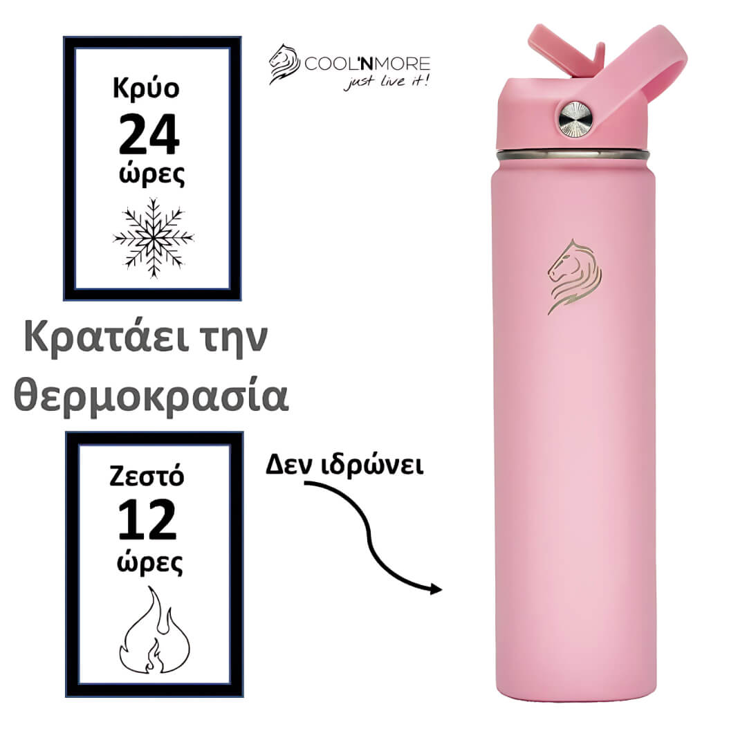 Coolnmore Flamingo θερμός νερού 750ml. Pink insulated bottle with temperature display text and Coolnmore branding on a white background