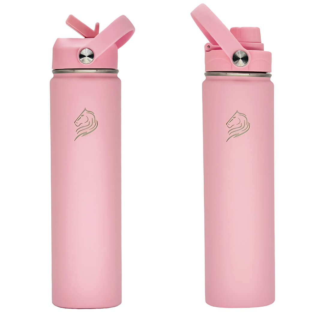 Coolnmore Flamingo παγούρι θερμός νερού 750ml. Two pink water bottles with straw lids on a white background
