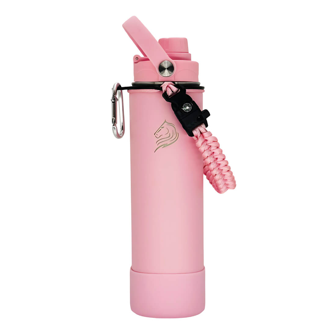 Coolnmore Flamingo θερμός νερού 750ml. Pink water bottle with a coiled pink straw and carabiner on a white background