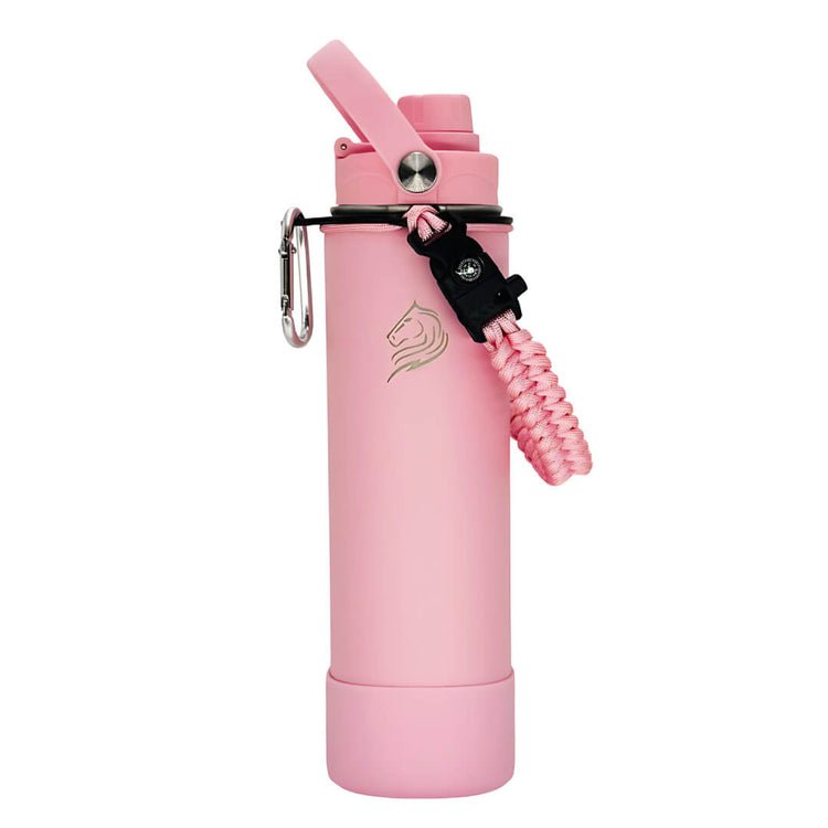 Coolnmore Flamingo θερμός νερού 750ml. Pink water bottle with a coiled pink straw and carabiner on a white background