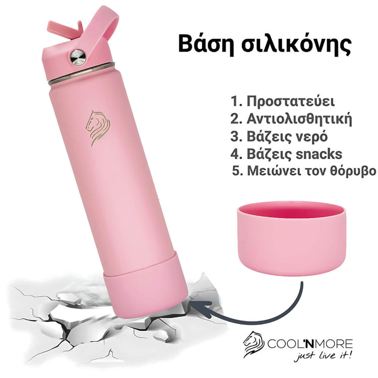 Coolnmore Flamingo θερμός νερού 750ml. Pink silicone base with water bottle attachment on a white background, featuring Coolnmore branding.