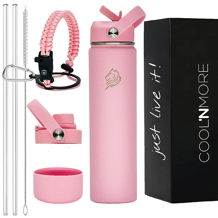 Coolnmore Flamingo θερμός νερού 750ml.  Pink water bottle set with accessories and 'Cool'n'More' packaging on a white background
